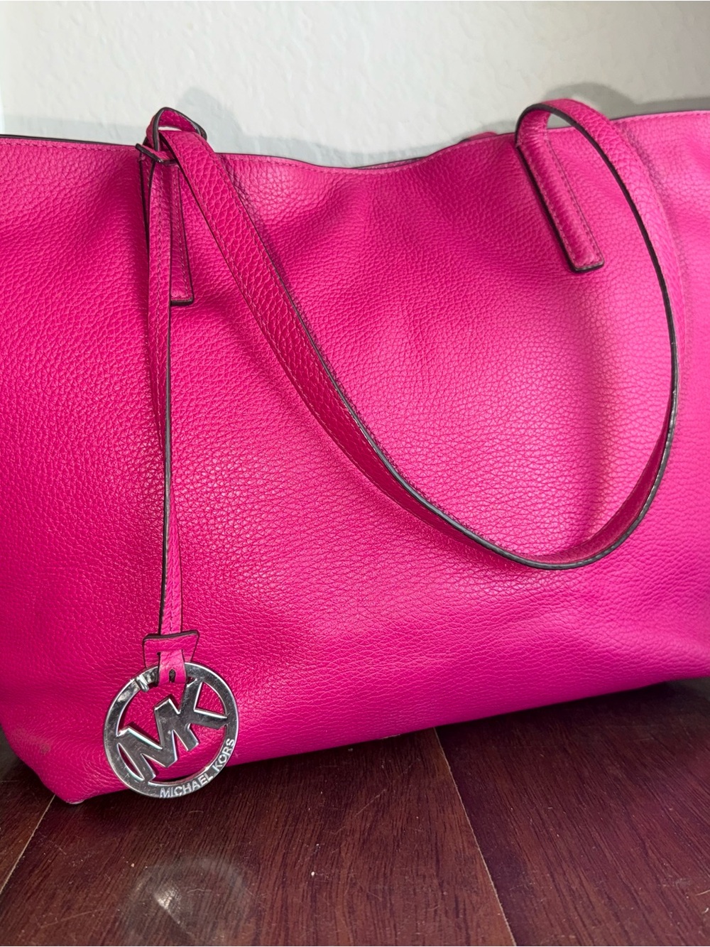Michael Kors Hot Pink Pebbled Leather Tote with Logo Charm